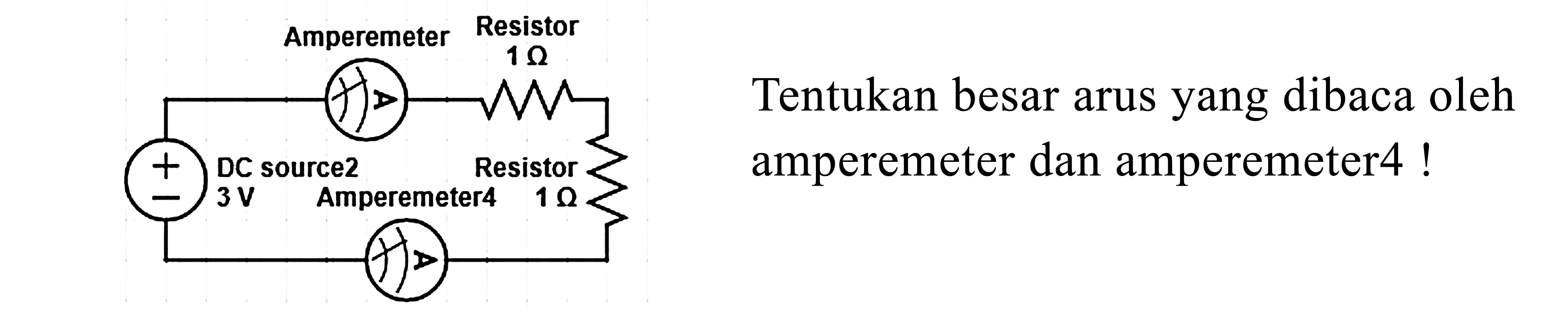 Amperemeter Resistor 1 Ohm DC source2 3 V Amperemeter4 Resistor 1 Ohm 
Tentukan besar arus yang dibaca oleh amperemeter dan amperemeter4!