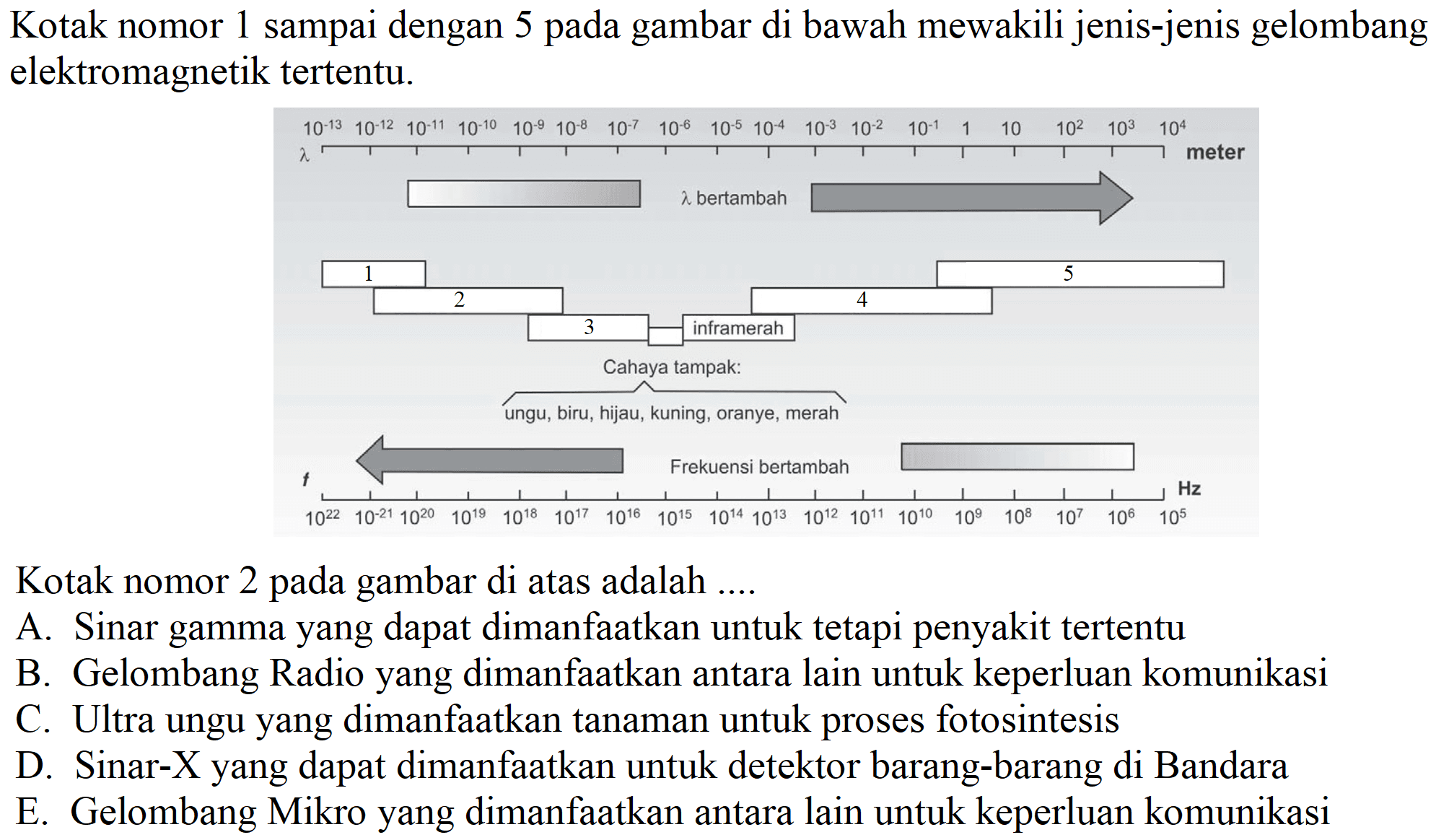 Kotak nomor 1 sampai dengan 5 pada gambar di bawah mewakili jenis-jenis gelombang elektromagnetik tertentu.
Kotak nomor 2 pada gambar di atas adalah ....
