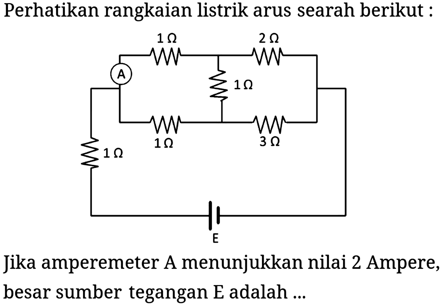 Perhatikan rangkaian listrik arus searah berikut :
Jika amperemeter A menunjukkan nilai 2 Ampere, besar sumber tegangan  E  adalah ...