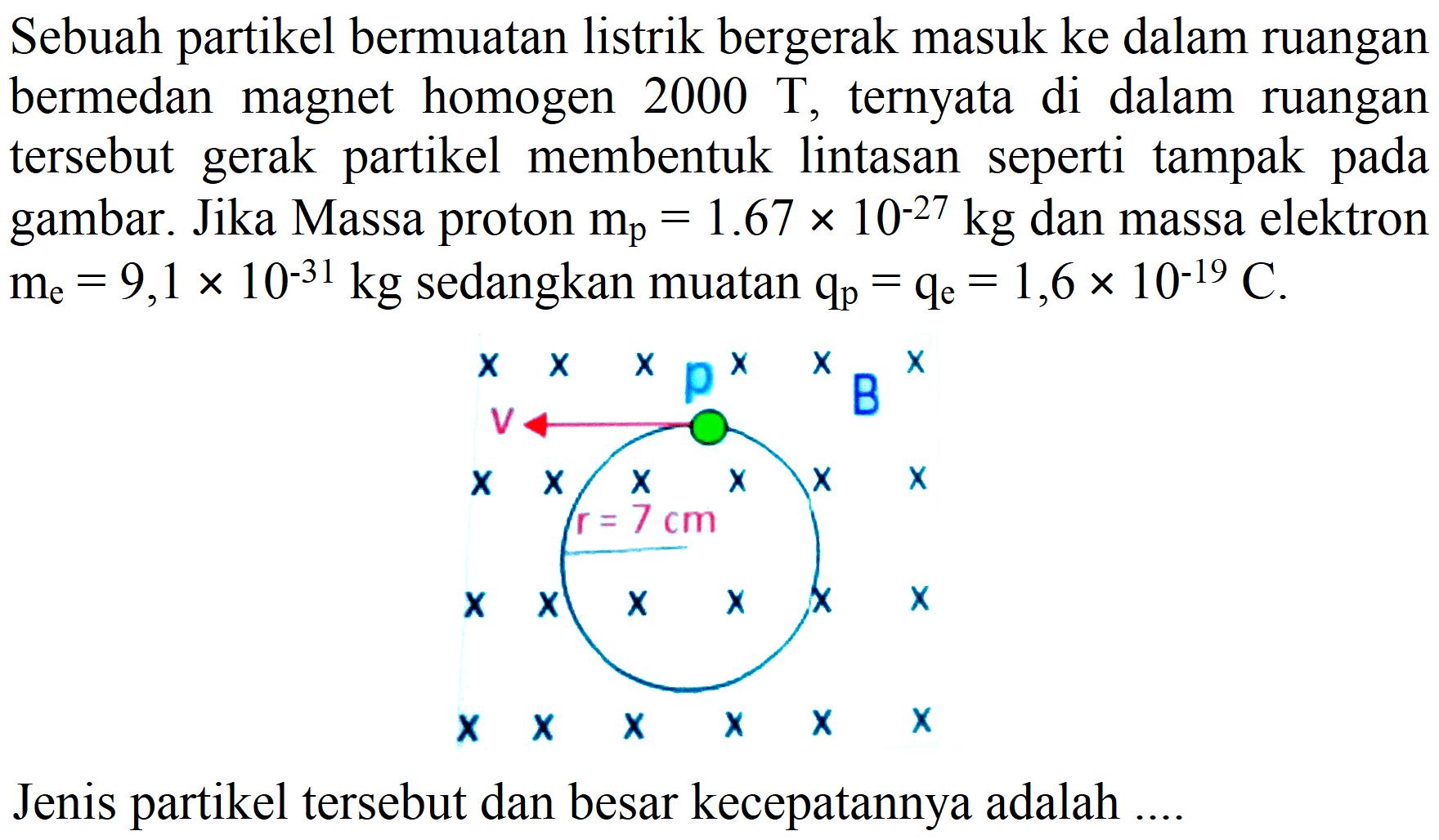 Sebuah partikel bermuatan listrik bergerak masuk ke dalam ruangan bermedan magnet homogen  2000 T , ternyata di dalam ruangan tersebut gerak partikel membentuk lintasan seperti tampak pada gambar. Jika Massa proton  m_(p)=1.67 x 10^(-27) kg  dan massa elektron  m_(e)=9,1 x 10^(-31) kg  sedangkan muatan  q_(p)=q_(e)=1,6 x 10^(-19) C .
Jenis partikel tersebut dan besar kecepatannya adalah ....