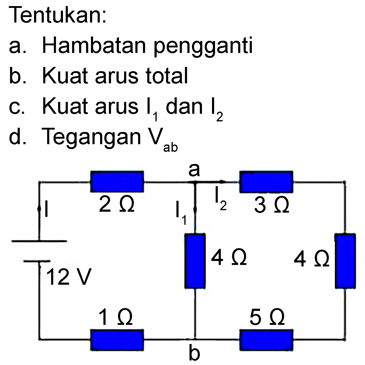 Tentukan:a. Hambatan penggantib. Kuat arus totalc. Kuat arus  I1  dan  I2 d. Tegangan  Vab 2 ohm 3 ohm 12 V 4 ohm 4 ohm 1 ohm 5 ohm I I1 I2