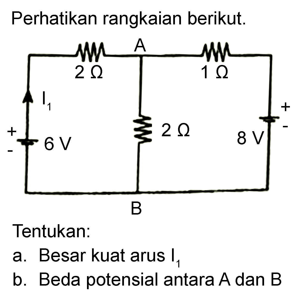 Perhatikan rangkaian berikut. A 2 Ohm 1 Ohm I1 2 Ohm 6 V 8 V B Tentukan: a. Besar kuat arus I1 b. Beda potensial antara A dan B