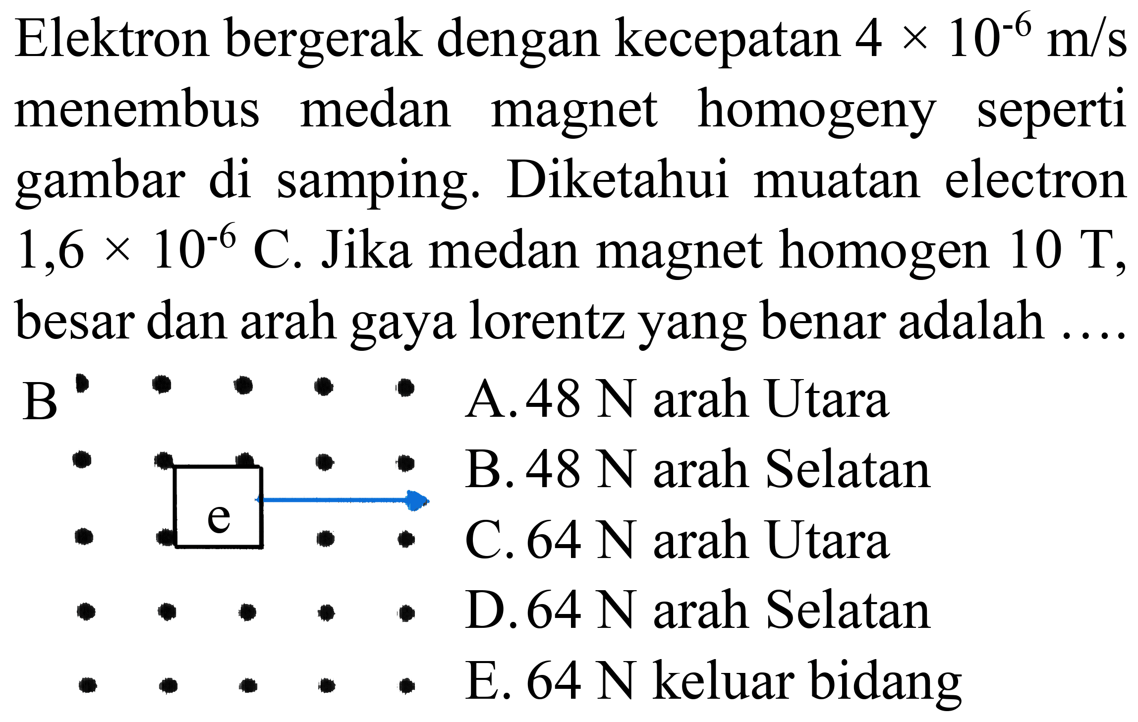 Elektron bergerak dengan kecepatan  4 x 10^(-6) m / s  menembus medan magnet homogeny seperti gambar di samping. Diketahui muatan electron  1,6 x 10^(-6) C . Jika medan magnet homogen  10 T , besar dan arah gaya lorentz yang benar adalah ....