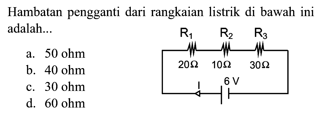 Hambatan pengganti dari rangkaian listrik di bawah ini adalah...