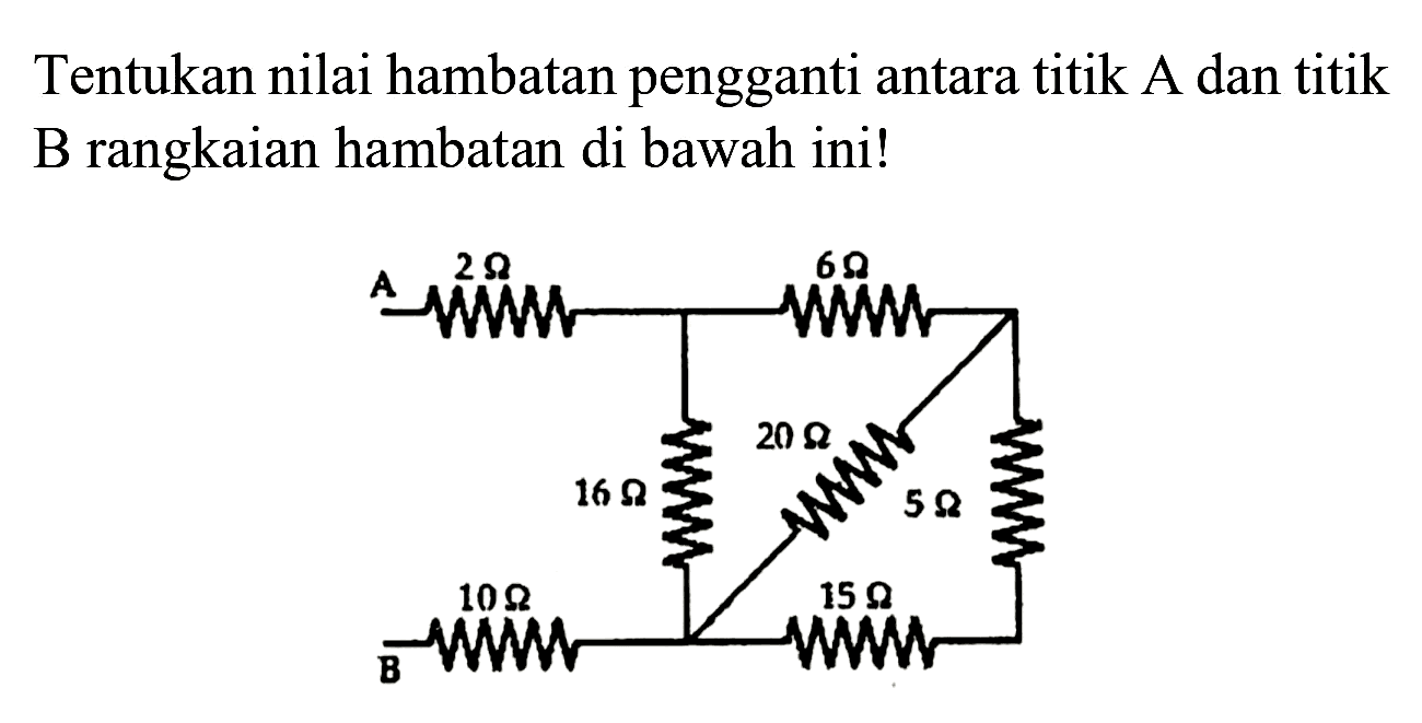 Tentukan nilai hambatan pengganti antara titik A dan titik B rangkaian hambatan di bawah ini!