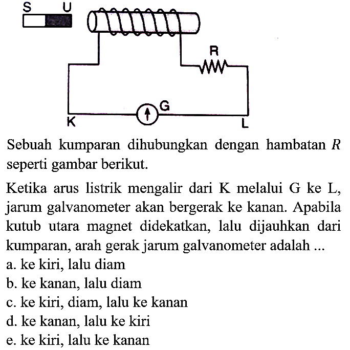 Sebuah kumparan dihubungkan dengan hambatan  R  seperti gambar berikut.

Ketika arus listrik mengalir dari  K  melalui  G  ke  L , jarum galvanometer akan bergerak ke kanan. Apabila kutub utara magnet didekatkan, lalu dijauhkan dari kumparan, arah gerak jarum galvanometer adalah ...