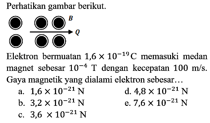 Perhatikan gambar berikut. B Q 
Elektron bermuatan  1,6 x 10^(-19) C  memasuki medan magnet sebesar  10^(-4) T  dengan kecepatan  100 m/s. Gaya magnetik yang dialami elektron sebesar...
a.  1,6 x 10^(-21) N 
d.  4,8 x 10^(-21) N 
b.  3,2 x 10^(-21) N 
e.  7,6 x 10^(-21) N 
c.  3,6 x 10^(-21) N 