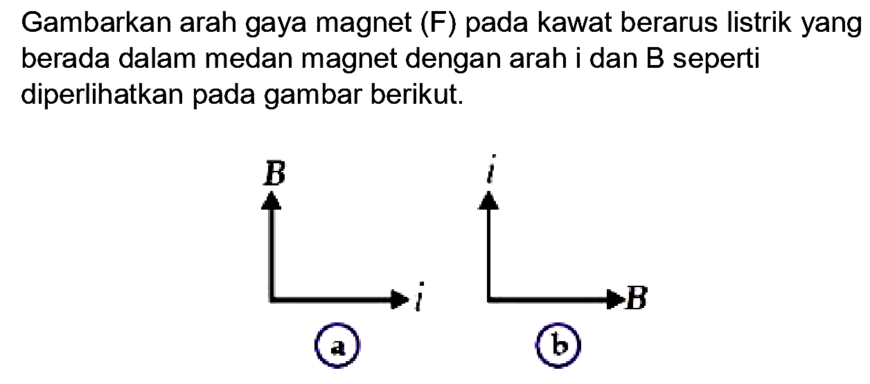 Gambarkan arah gaya magnet (F) pada kawat berarus listrik yang berada dalam medan magnet dengan arah i dan  B  seperti diperlihatkan pada gambar berikut.