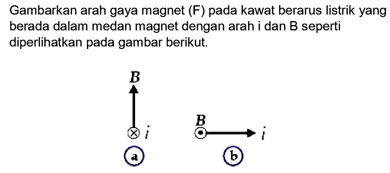 Gambarkan arah gaya magnet (F) pada kawat berarus listrik yang berada dalam medan magnet dengan arah i dan  B  seperti diperlihatkan pada gambar berikut.
(a)
(b)