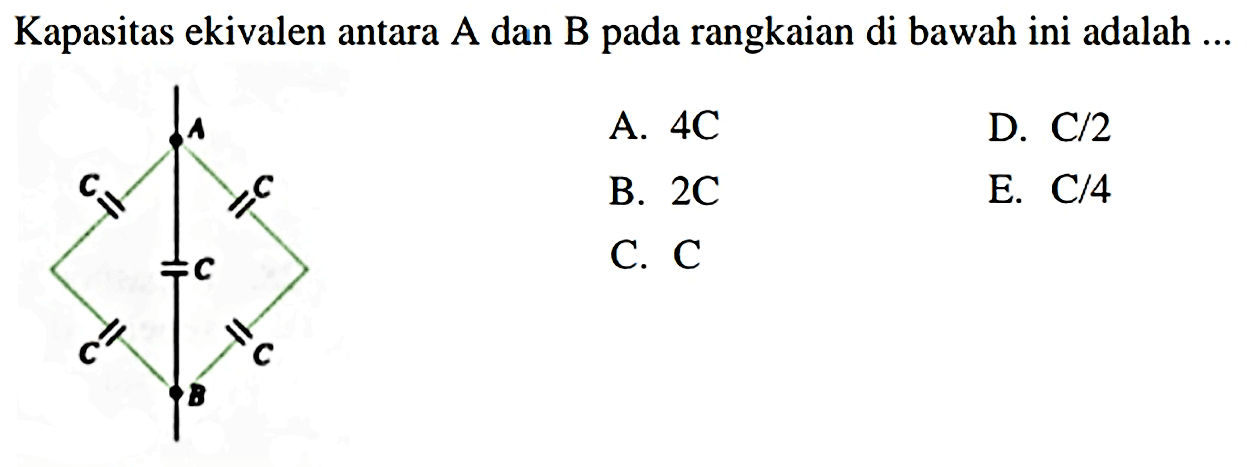 Kapasitas ekivalen antara A dan B pada rangkaian di bawah ini adalah ... 
A C C C C C B