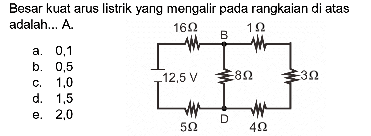 Besar kuat arus listrik yang mengalir pada rangkaian di atas adalah... A.