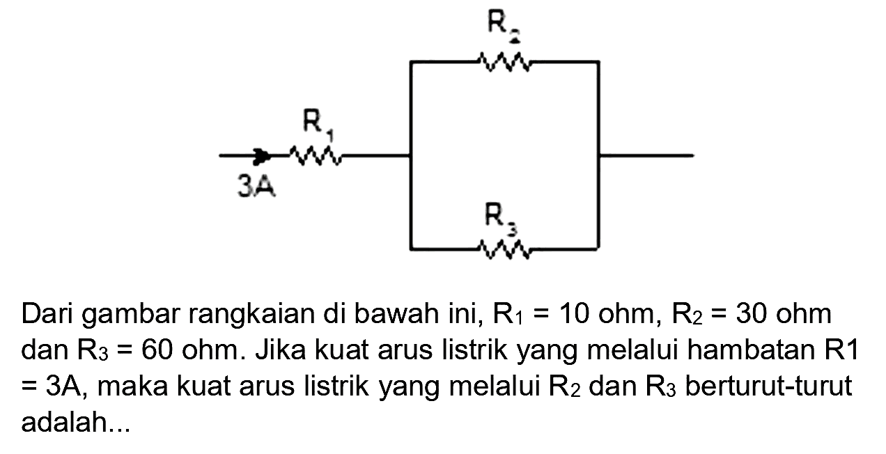 Dari gambar rangkaian di bawah ini,  R_(1)=10  ohm,  R_(2)=30  ohm dan  R_(3)=60  ohm. Jika kuat arus listrik yang melalui hambatan  R 1   =3 A , maka kuat arus listrik yang melalui  R_(2)  dan  R_(3)  berturut-turut adalah...