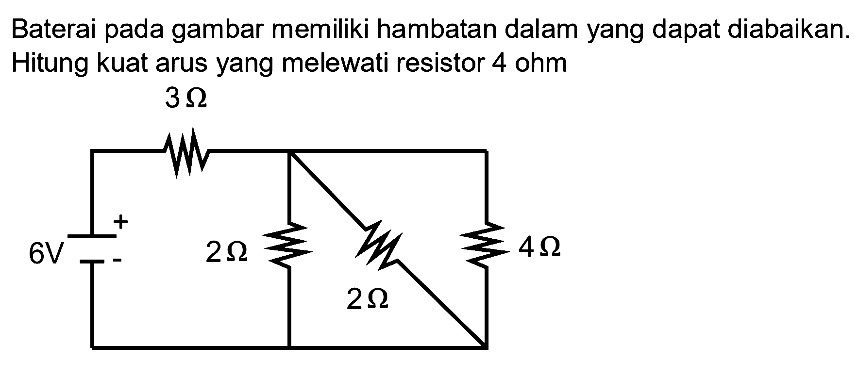 Baterai pada gambar memiliki hambatan dalam yang dapat diabaikan. Hitung kuat arus yang melewati resistor 4 ohm 
3 Ohm 6 V 2 Ohm 2 Ohm 4 Ohm