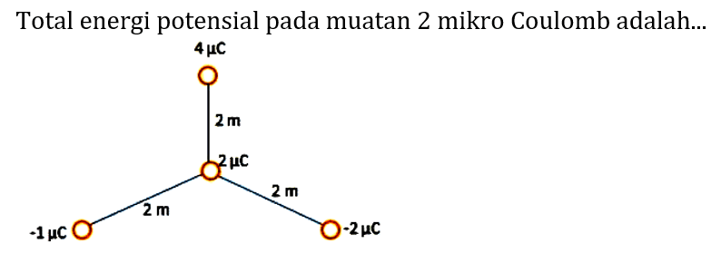 Total energi potensial pada muatan 2 mikro Coulomb adalah... 
4 muC 
2 m 
2 muC 
2 m 2 m 
-1 muC -2 muC 