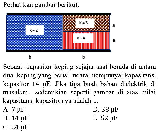 Perhatikan gambar berikut.
K=2 K=3 K=4 a a b b 
Sebuah kapasitor keping sejajar saat berada di antara dua keping yang berisi udara mempunyai kapasitansi kapasitor 14 mikro F. Jika tiga buah bahan dielektrik di masukan sedemikian seperti gambar di atas, nilai kapasitansi kapasitornya adalah ...
A.  7 mikro F 
D.  38 mikro F 
B.  14 mikro F 
E.  52 mikro F 
C.  24 mikro F 