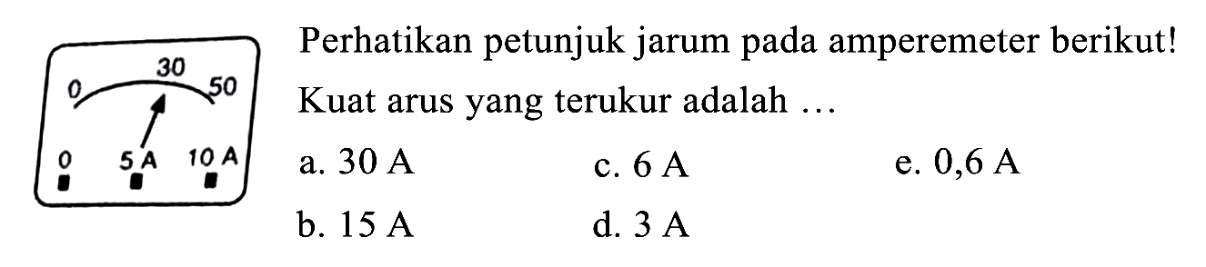 Perhatikan petunjuk jarum pada amperemeter berikut! Kuat arus yang terukur adalah ...
a.  30 ~A 
c.  6 ~A 
e.  0,6 ~A 
b.  15 ~A 
d.  3 ~A 