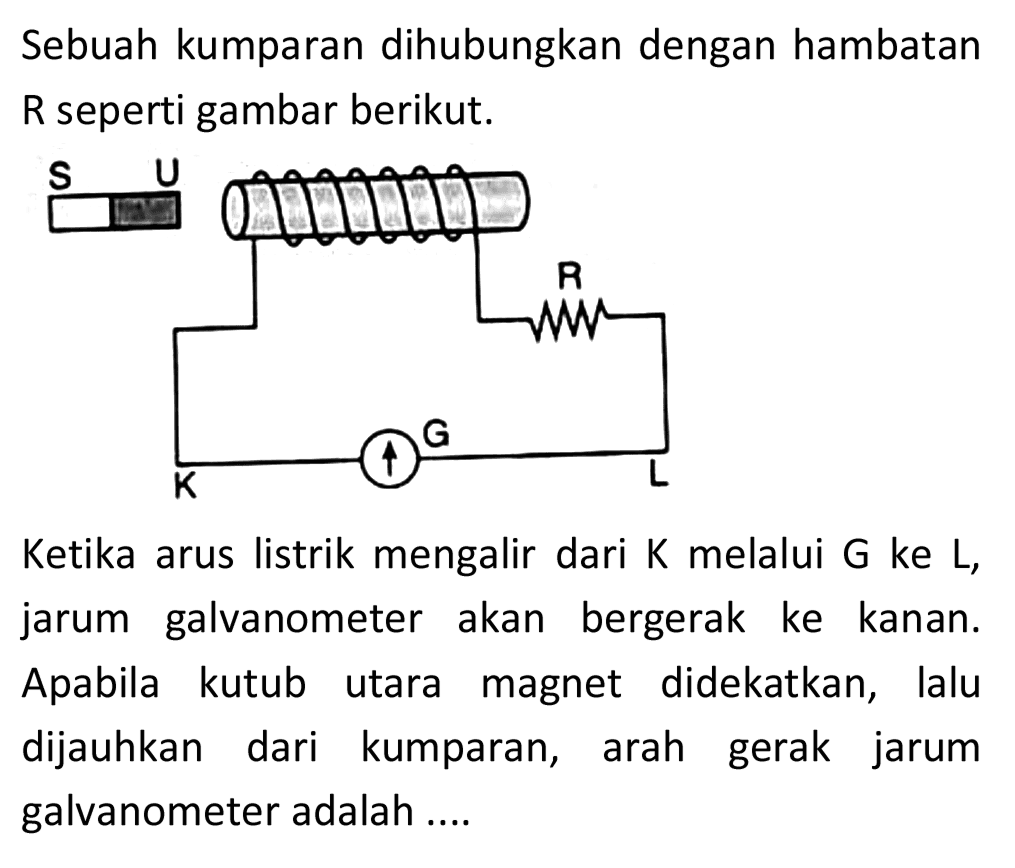 Sebuah kumparan dihubungkan dengan hambatan R seperti gambar berikut.

Ketika arus listrik mengalir dari  K  melalui  G  ke  L , jarum galvanometer akan bergerak ke kanan. Apabila kutub utara magnet didekatkan, lalu dijauhkan dari kumparan, arah gerak jarum galvanometer adalah ....