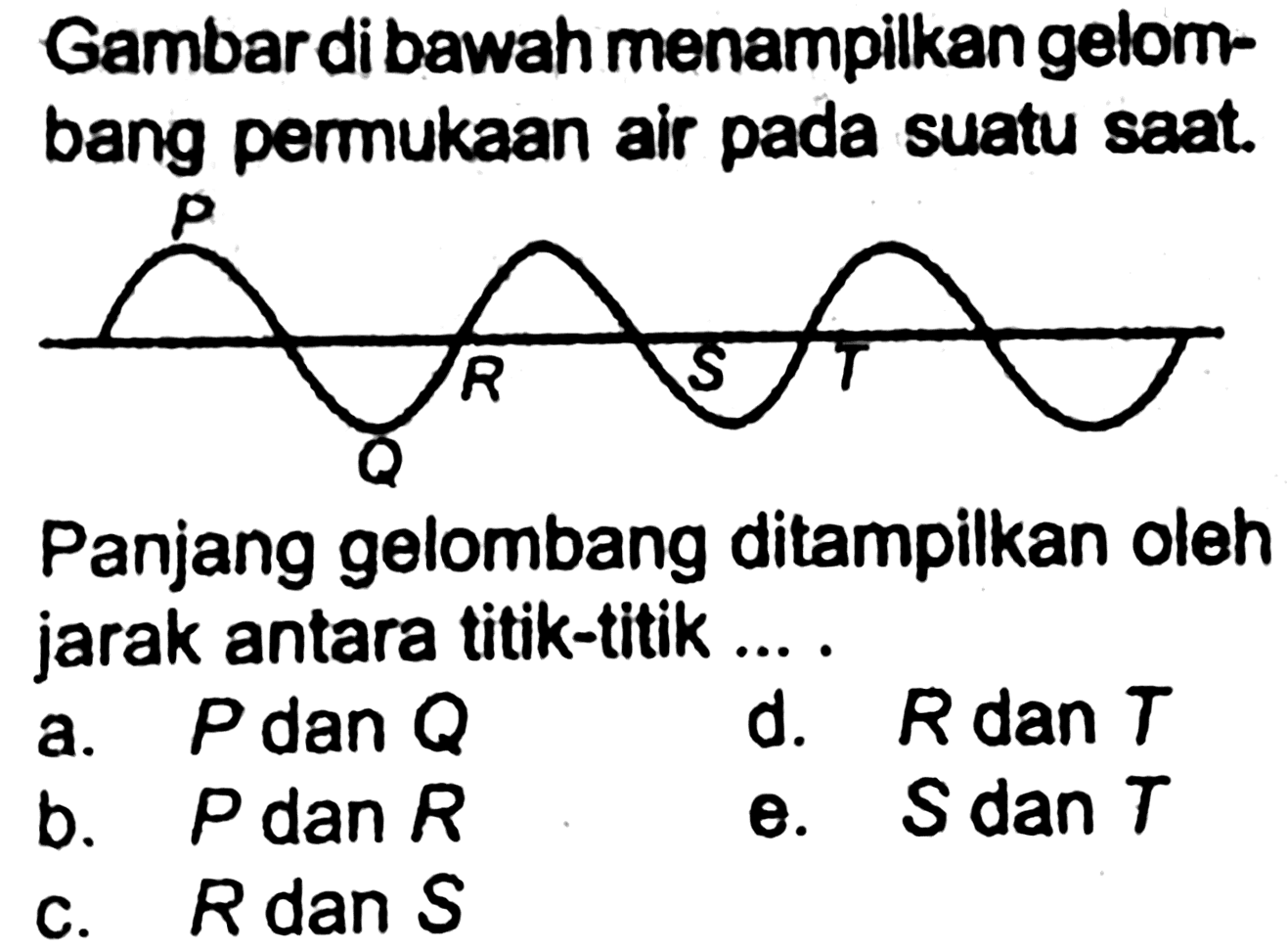 Gambardi bawah menampilkan gelombang permukaan air pada suatu saat. P R S T Q Panjang gelombang ditampilkan oleh jarak antara titik-titik .... 
a. P dan Q b. P dan R c. R dan S d. R dan T e. S dan T 