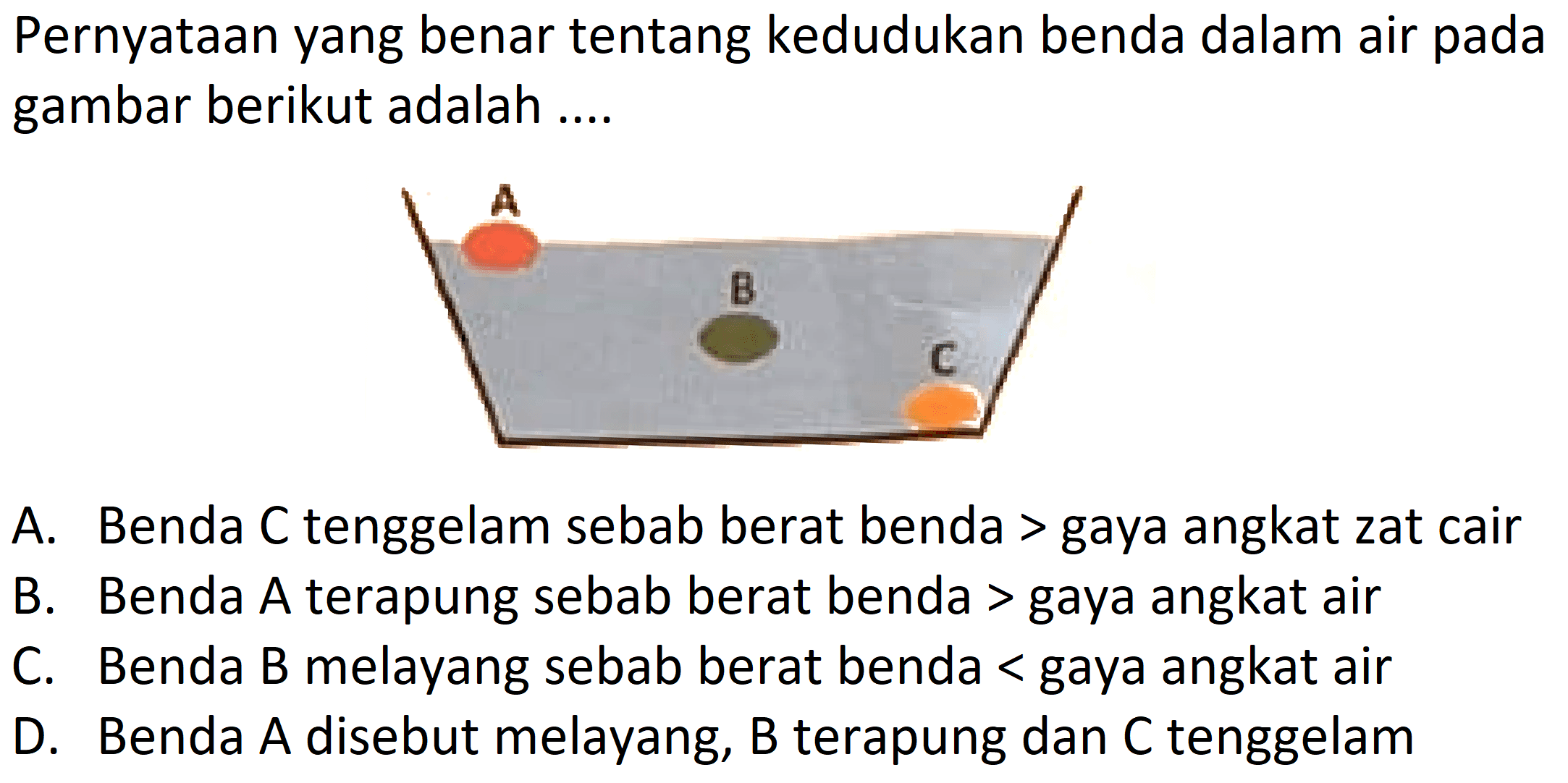 Pernyataan yang benar tentang kedudukan benda dalam air pada gambar berikut adalah ....

A. Benda C tenggelam sebab berat benda > gaya angkat zat cair
B. Benda A terapung sebab berat benda > gaya angkat air
C. Benda B melayang sebab berat benda < gaya angkat air
D. Benda A disebut melayang,  B  terapung dan  C  tenggelam