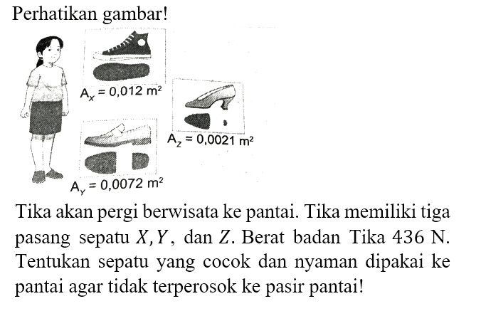 Perhatikan gambar!
AX = 0,012 m^2 AZ = 0,0021 m^2 AY = 0,0072 m^2 
Tika akan pergi berwisata ke pantai. Tika memiliki tiga pasang sepatu X, Y, dan Z. Berat badan Tika 436 N. Tentukan sepatu yang cocok dan nyaman dipakai ke pantai agar tidak terperosok ke pasir pantai!