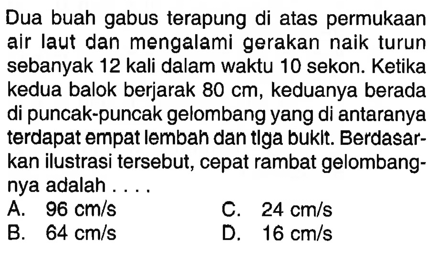 Dua buah gabus terapung di atas permukaan air laut dan mengalami gerakan naik turun sebanyak 12 kali dalam waktu 10 sekon. Ketika kedua balok berjarak 80 cm, keduanya berada di puncak-puncak gelombang yang di antaranya terdapat empat lemban dan tlga buklt. Berdasarkan ilustrasi tersebut, cepat rambat gelombangnya adalah ....
