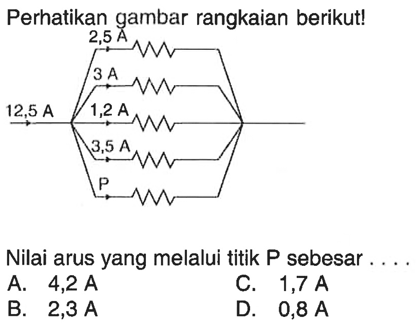 Perhatikan gambar rangkaian berikut! Nilai arus yang melalui titik P sebesar . . . .