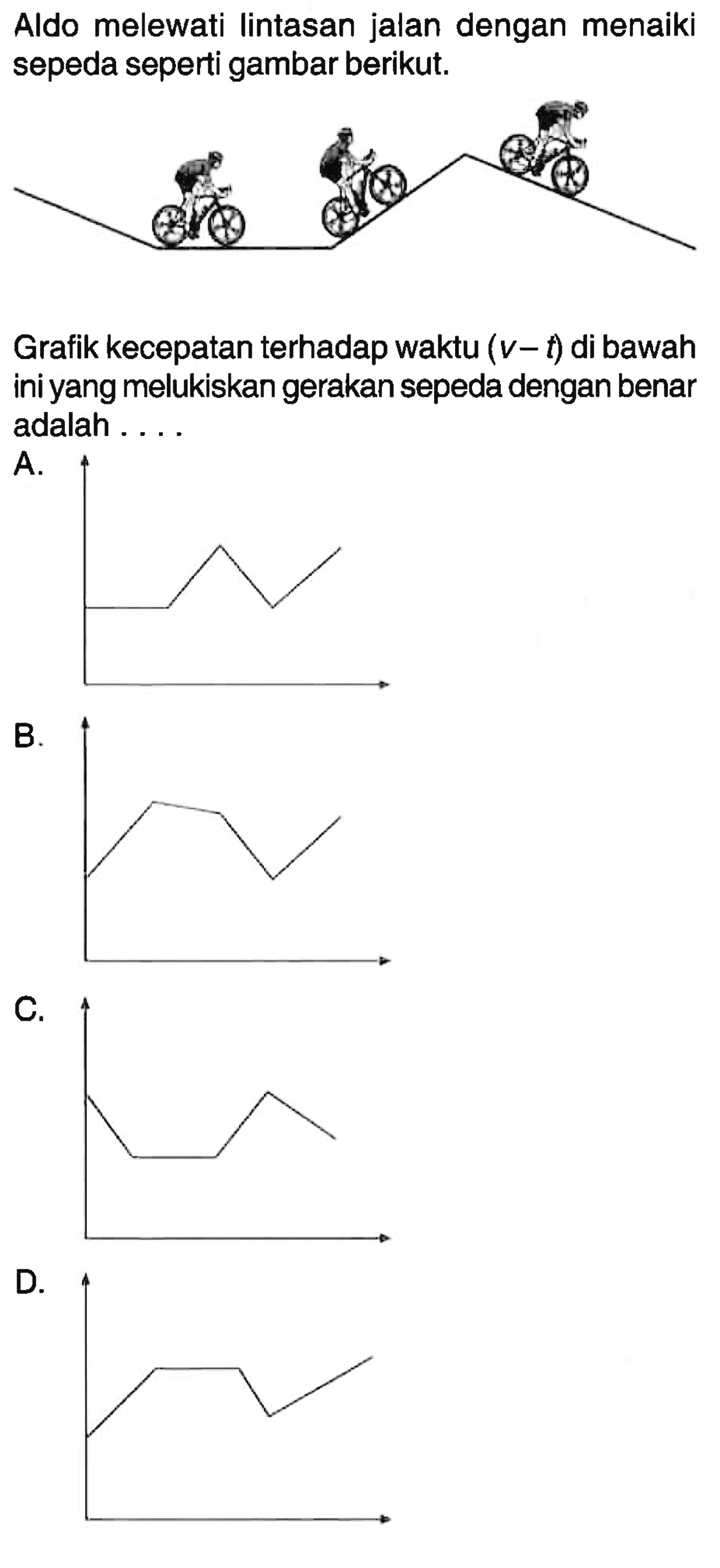 Aldo melewati lintasan jalan dengan menaiki sepeda seperti gambar berikut. 
Grafik kecepatan terhadap waktu (v-t) di bawah ini yang melukiskan gerakan sepeda dengan benar adalah ....