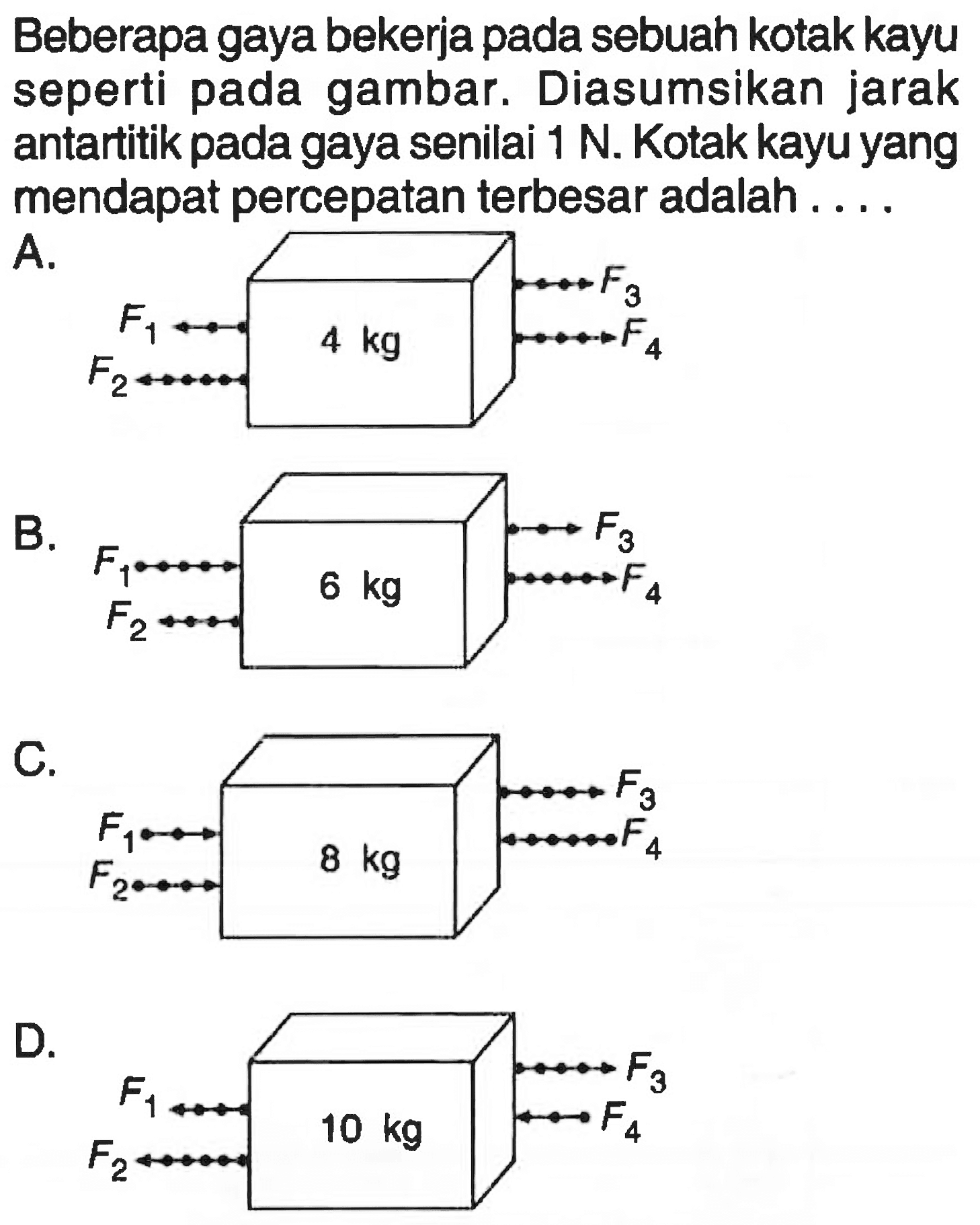 Beberapa gaya bekerja pada sebuah kotak kayu seperti pada gambar. Diasumsikan jarak antartitik pada gaya senilai 1 N. Kotak kayu yang mendapat percepatan terbesar adalah.... 
A. F1 F2 4 kg F3 F4 
B. F1 F2 6 kg F3 F4 
C. F1 F2 8 kg F3 F4 
D. F1 F2 10 kg F3 F4