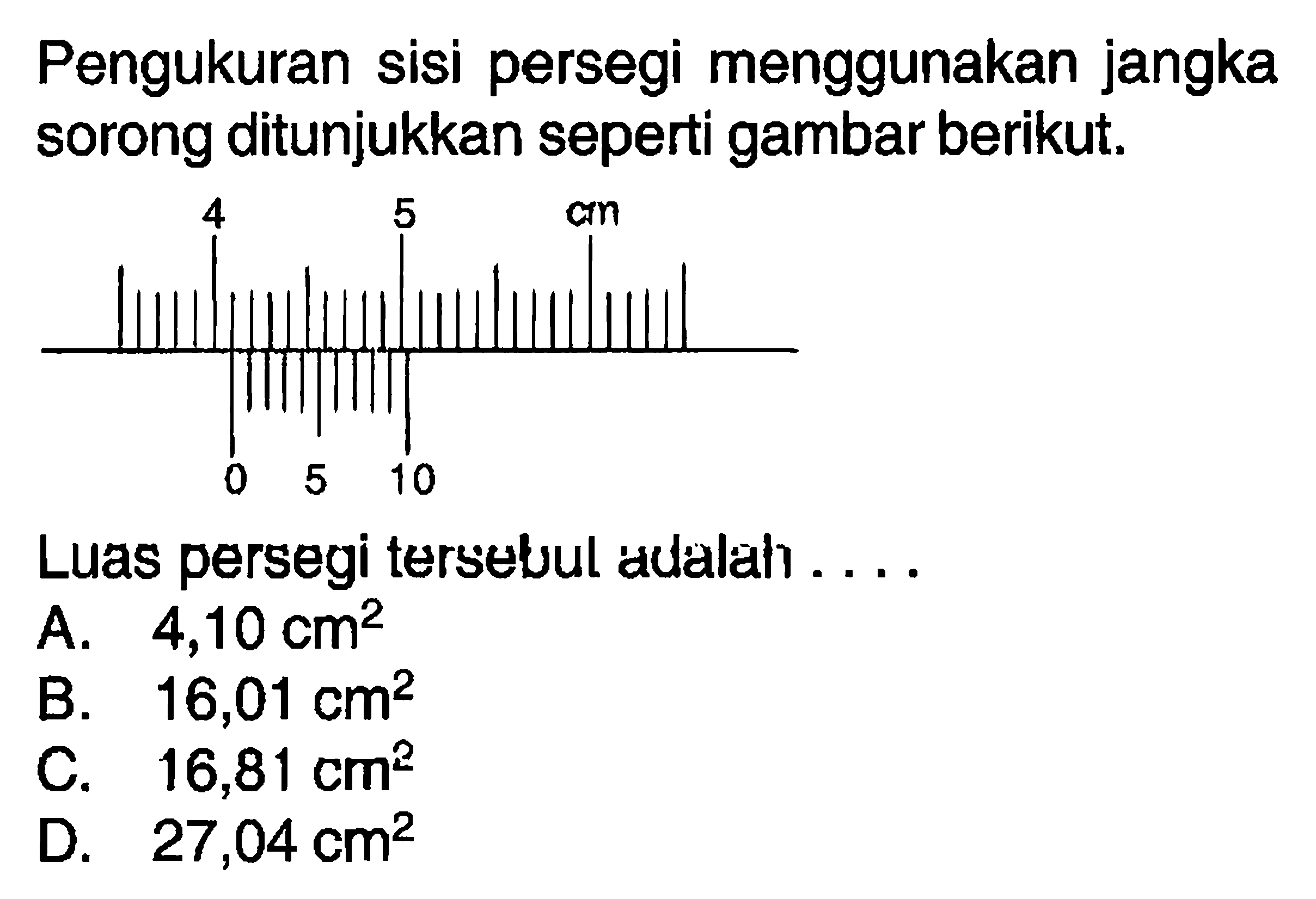 Pengukuran sisi persegi menggunakan jangka sorong ditunjukkan seperti gambar berikut. Luas persegi tersebut ....