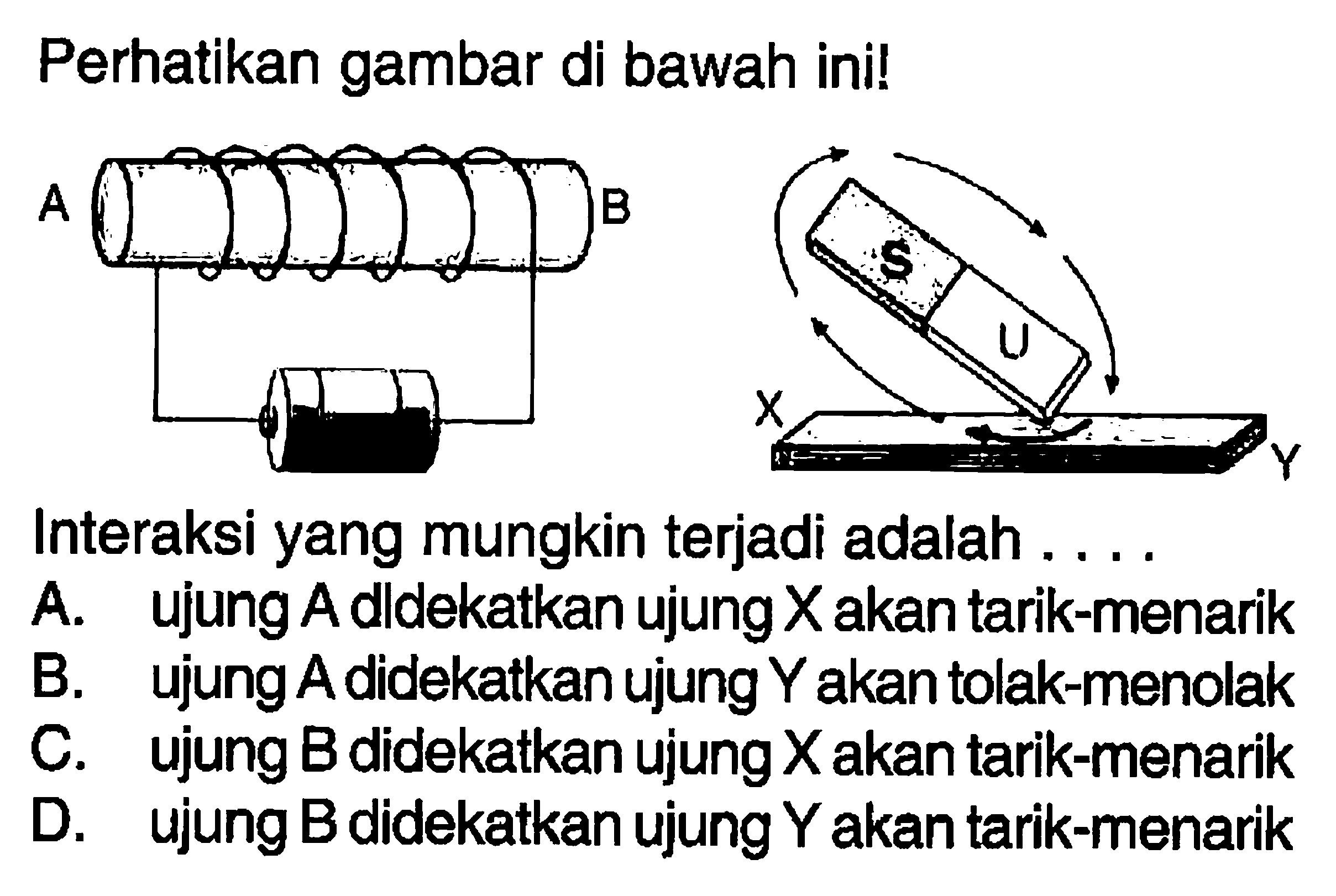 Perhatikan gambar di bawah ini!A, B, X, S, U, YInteraksi yang mungkin terjadi adalah ....