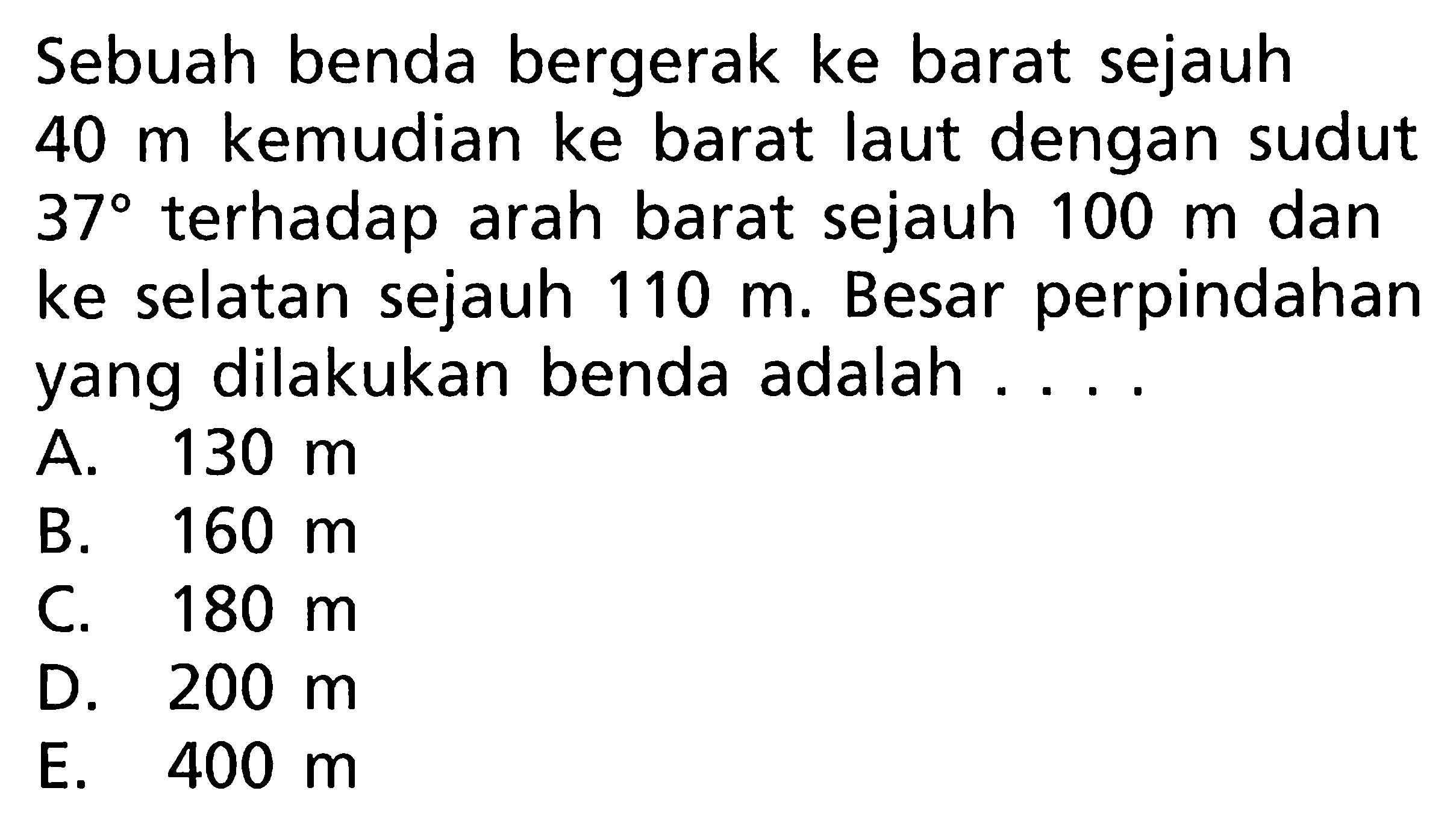 Sebuah benda bergerak ke barat sejauh 40 m kemudian ke barat laut dengan sudut 37 terhadap arah barat sejauh 100 m dan ke selatan sejauh 110 m. Besar perpindahan yang dilakukan benda adalah....