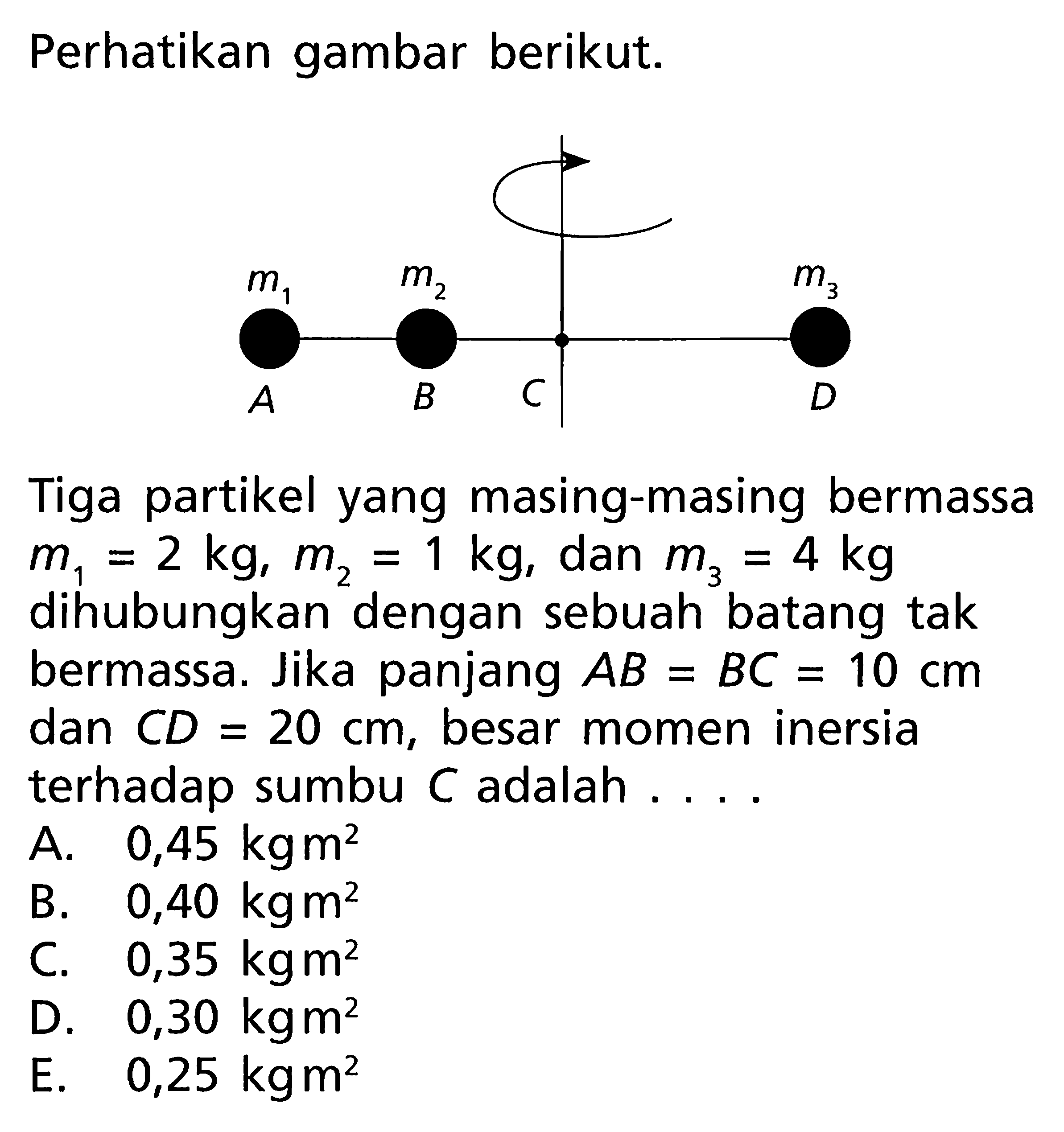 Perhatikan gambar berikut. Tiga partikel yang masing-masing bermassa m1 = 2 kg, m2= 1 dan m3 = 4 kg dihubungkan dengan sebuah batang tak bermassa: Jika panjang AB = BC = 10 cm dan CD = 20 cm, besar momen inersia terhadap sumbu C adalah