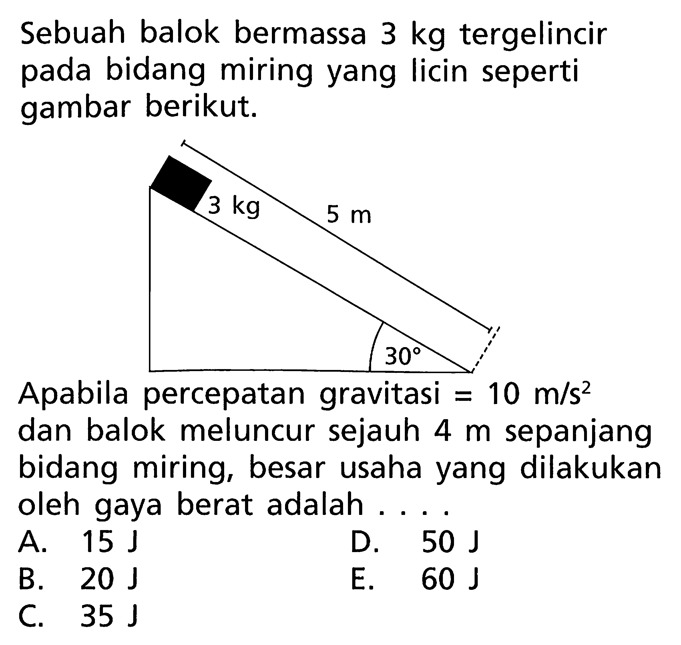 Sebuah balok bermassa 3 kg tergelincir pada bidang miring yang licin seperti gambar berikut. 5 m 3 kg 30 Apabila percepatan gravitasi = 10 m/s^2 dan balok meluncur sejauh 4 m sepanjang bidang miring, besar usaha yang dilakukan oleh gaya berat adalah ... A. 15 J D. 50 J B. 20 J E. 60 J C. 35 J