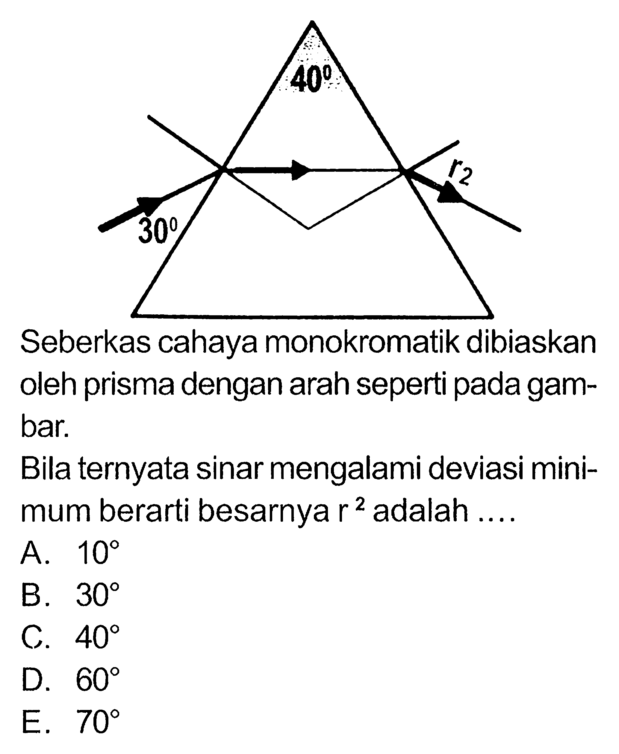 40 r2 30 Seberkas cahaya monokromatik dibiaskan oleh prisma dengan arah seperti pada gambar. Bila ternyata sinar mengalami deviasi minimum berarti besarnya r^2 adalah .... 