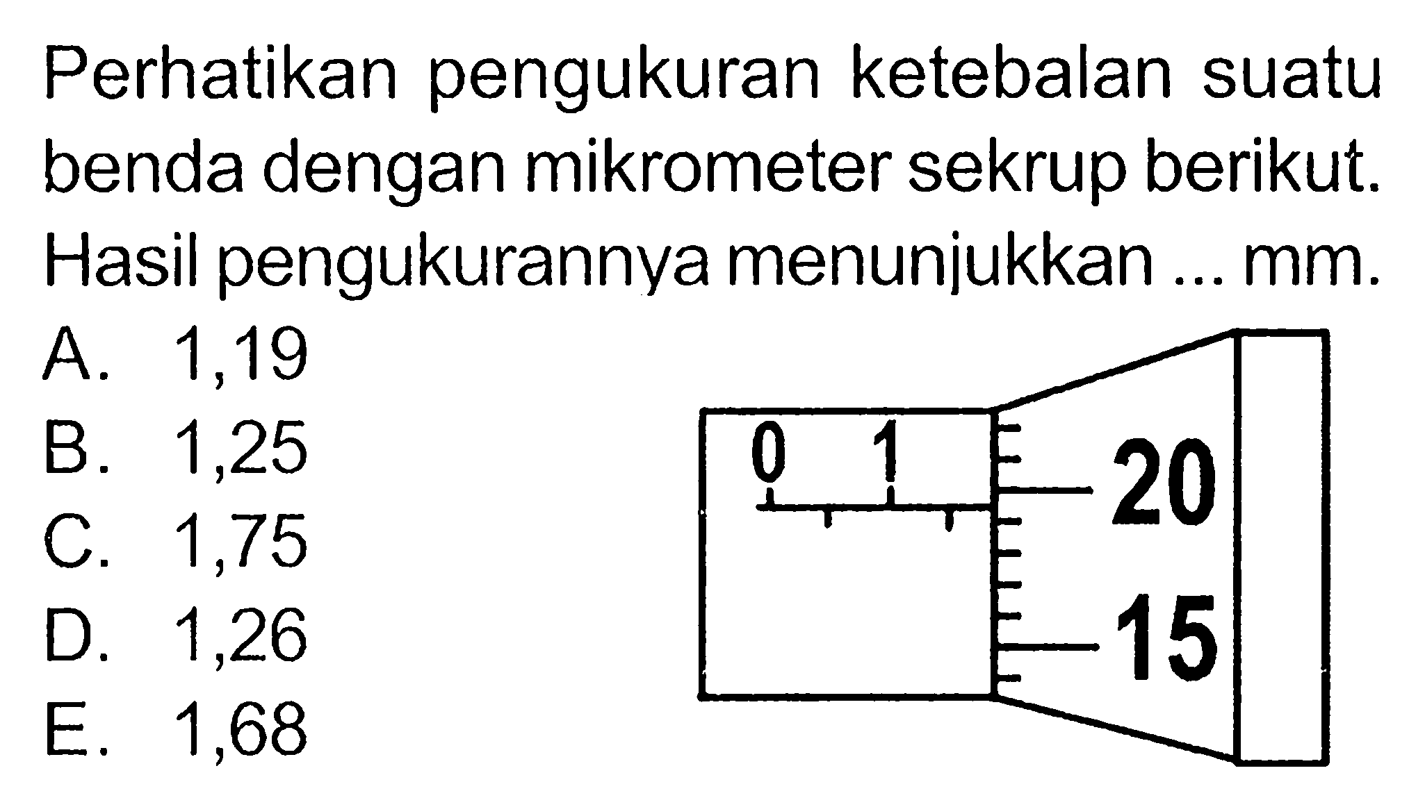 Perhatikan pengukuran ketebalan suatu benda dengan mikrometer sekrup berikut: Hasil pengukurannya menunjukkan ... mm.