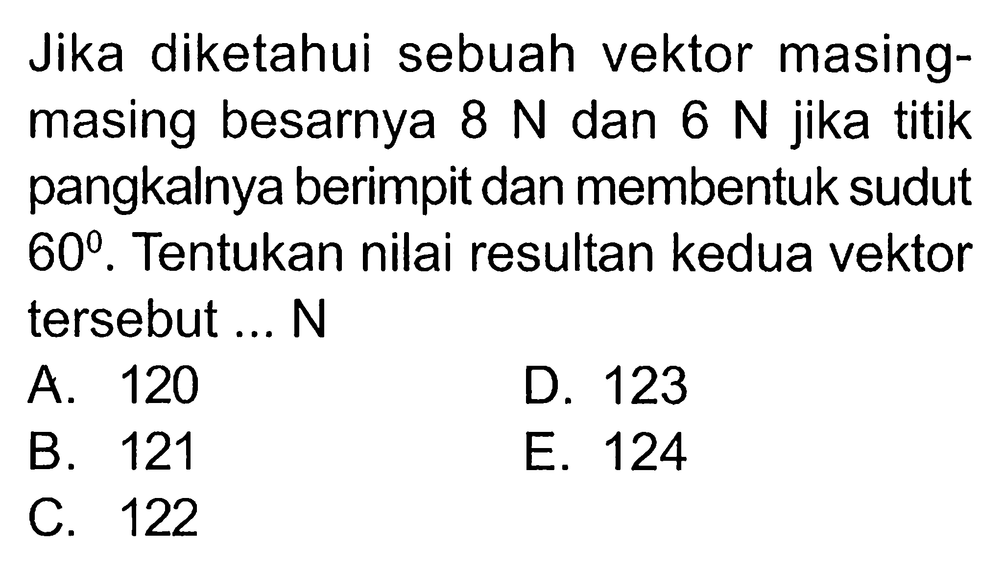 Jika diketahui sebuah vektor masing-masing besarnya 8 N dan 6 N jika titik pangkalnya berimpit dan membentuk sudut 60. Tentukan nilai resultan kedua vektor tersebut...N