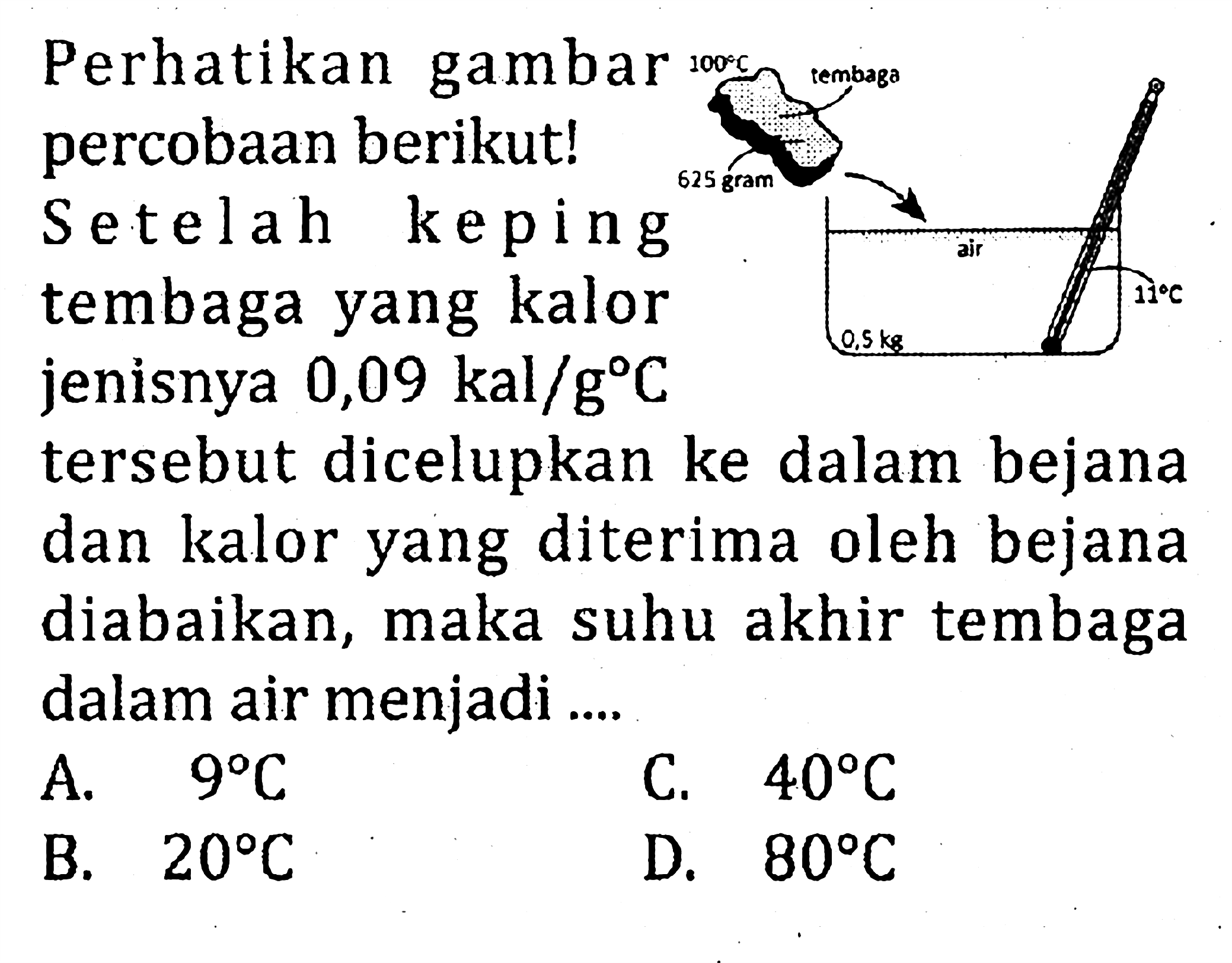 Perhatikan gambar percobaan berikut! 
100 C tembaga 625 gram air 0,5 kg 11 C 
Setelah keping tembaga yang kalor jenisnya 0,09 kal/(g C) tersebut dicelupkan ke dalam bejana dan kalor yang diterima oleh bejana diabaikan, maka suhu akhir tembaga dalam air menjadi ....