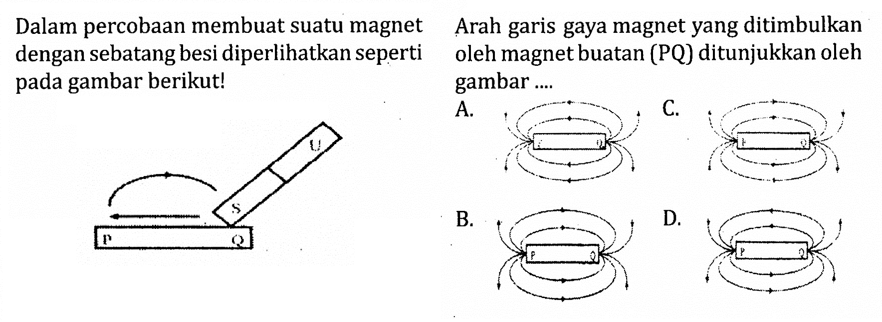 Dalam percobaan membuat suatu magnet dengan sebatang besi diperlikan seperti gambar berikut  Arah garis gaya magnet yang ditimbulkan oleh magnet buatan (PQ) ditunjukkan oleh gambar