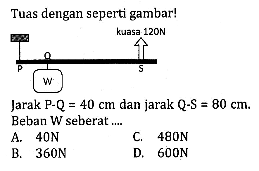 Tuas dengan seperti gambar! kuasa 120N P S W Jarak P-Q = 40 cm dan jarak Q-S = 80 cm. Beban W seberat ....