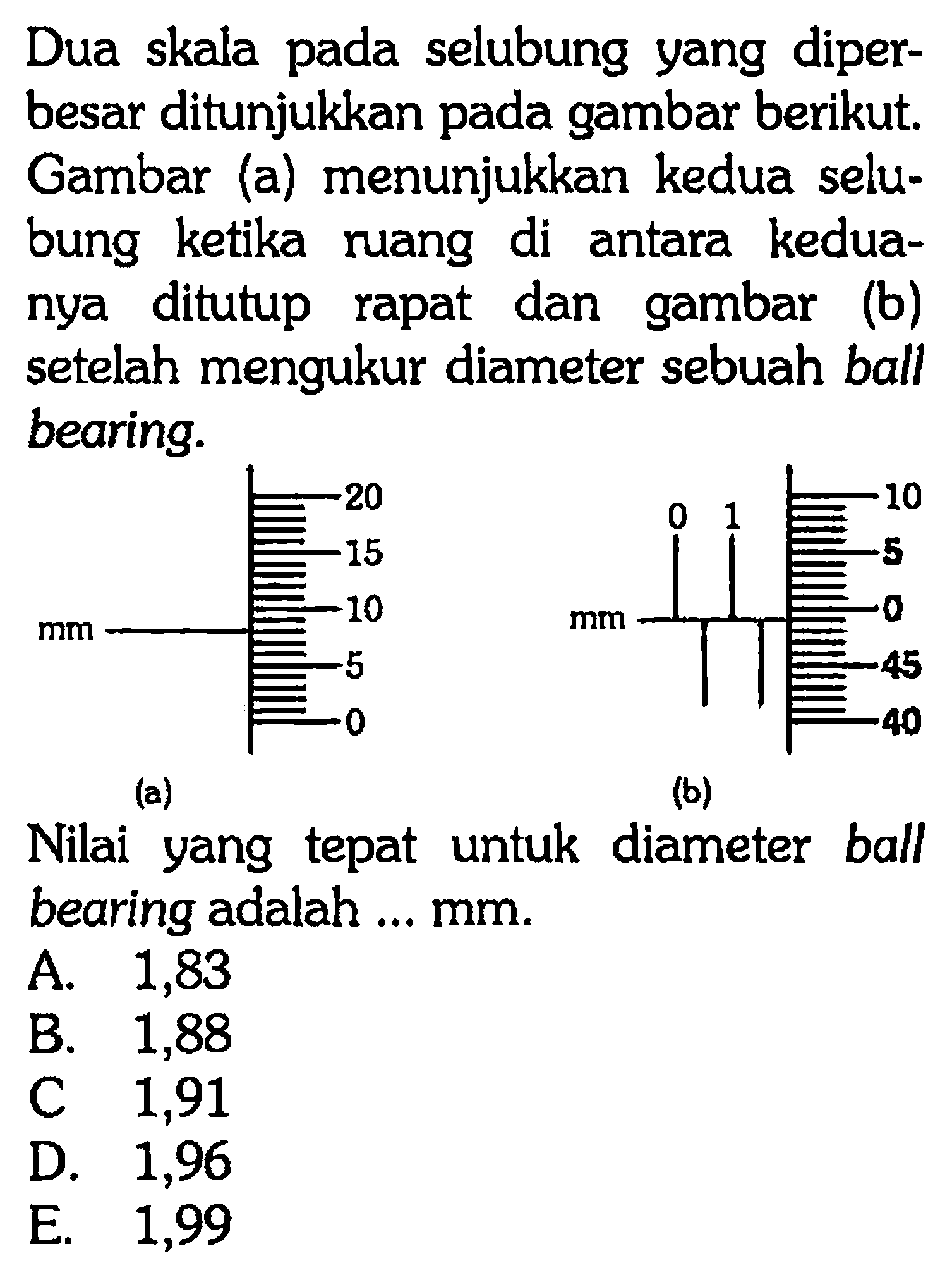 Dua skala pada selubung yang diperbesar ditunjukkan pada gambar berikut. Gambar (a) menunjukkan kedua selubung ketika ruang di antara keduanya ditutup rapat dan gambar (b) setelah mengukur diameter sebuah ball bearing. Nilai yang tepat untuk diameter ball bearing adalah ... mm.