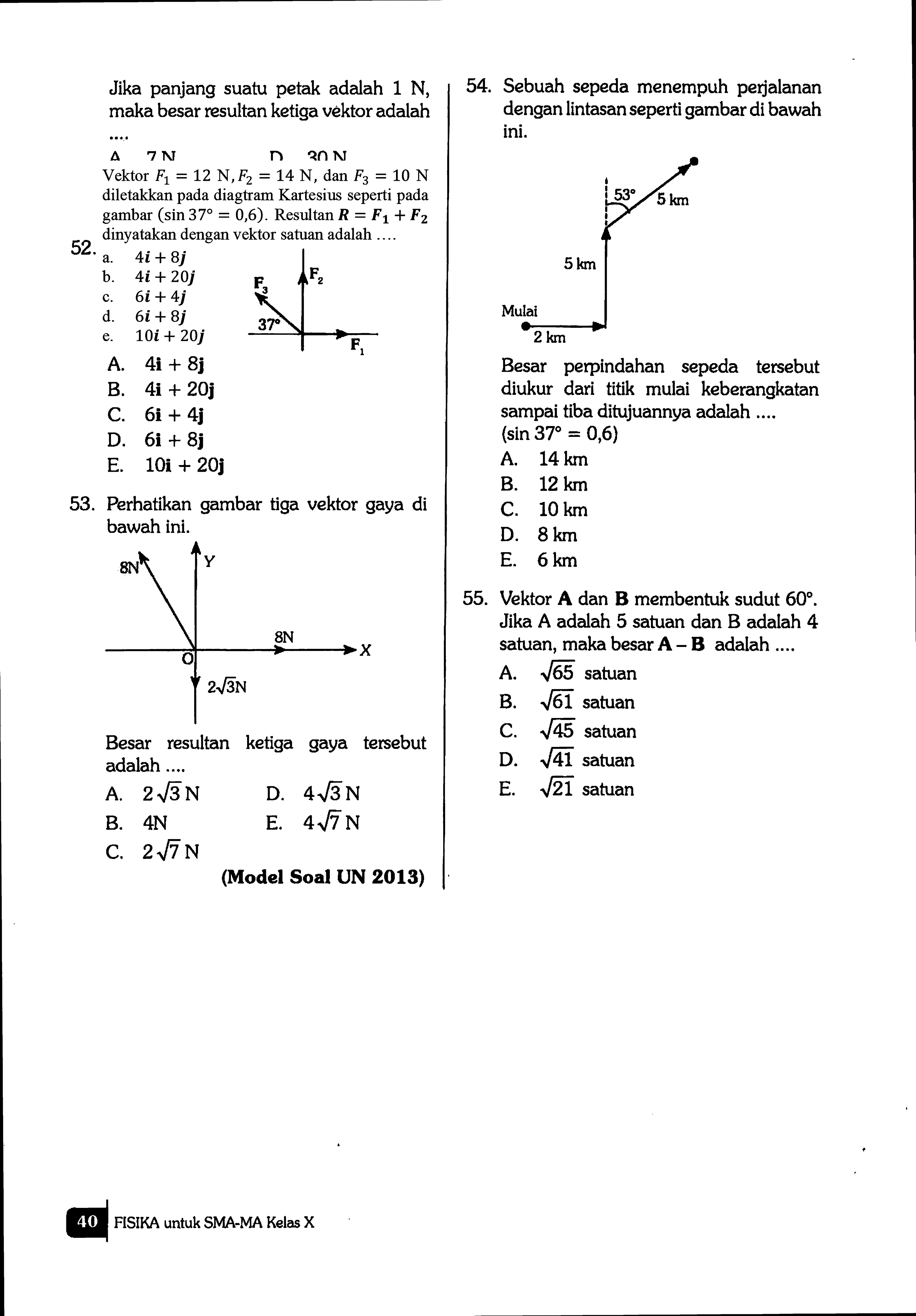 Jika panjang suatu petak adalah 1 N, maka besar resultan ketiga vektor adalah... 52. Vektor F1=12 N, F2=14 N, dan F3=10 N diletakkan pada diagram kartesius seperti pada gambar (sin 37=0,6). Resultan R=F1+F2 dinyatakan dengan vektor satuan adalah....53. Perhatikan gambar tiga vektor gaya di bawah ini. 8N 2 akar(3) N 8nBesar resultan ketiga gaya tersebut adalah....54. Sebuah sepeda menempuh perjalanan dengan lintasan seperti gambar di bawah ini. Mulai 2 km 5 km 53 5 kmBesar perpindahan sepeda tersebut diukur dari titik mulai keberangkatan sampai tiba ditujuannya adalah.... (sin 37=0,6) 55. Vektor A dan B membentuk sudut 60.Jika A adalah 5 satuan dan B adalah 4satuan, maka besar A-B adalah....(Model Soal UN 2013)40 FISIKA untuk SMA-MA Kelas X