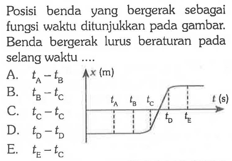 Posisi benda yang bergerak sebagai fungsi waktu ditunjukkan pada gambar. Benda bergerak lurus beraturan pada selang waktu ....