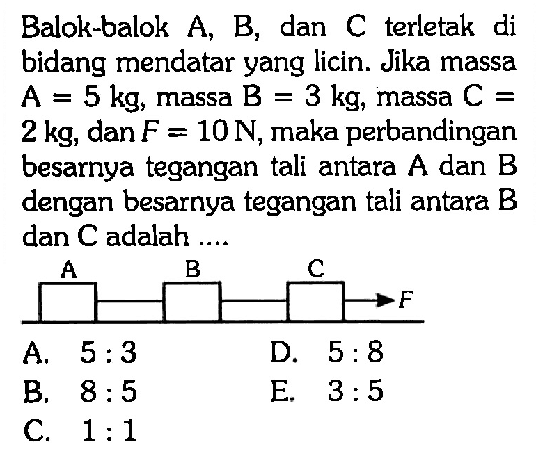 Balok-balok A, B, dan C terletak di bidang mendatar yang licin. Jika massa  A=5 kg, massa  B=3 kg, massa  C=2 kg, dan  F=10 N, maka perbandingan besarnya tegangan tali antara A dan B dengan besarnya tegangan tali antara B dan  C  adalah .... A B C F
