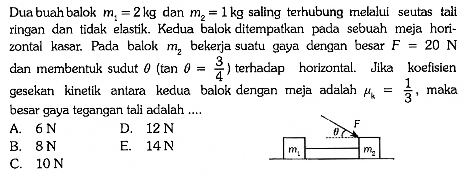 Dua buah balok m1 = 2 kg dan m2 = 1 kg saling terhubung melalui seutas tali ringan dan tidak elastik. Kedua balok ditempatkan pada  sebuah  meja horizontal kasar. Pada balok m2 bekerja suatu gaya dengan besar F = 20 N dan membentuk sudut theta (tan theta = 3/4) terhadap horizontal. Jika koefisien gesekan kinetik antara kedua balok dengan meja adalah mu k = 1/3, maka besar gaya tegangan tali adalah .... F 0 m1 m2