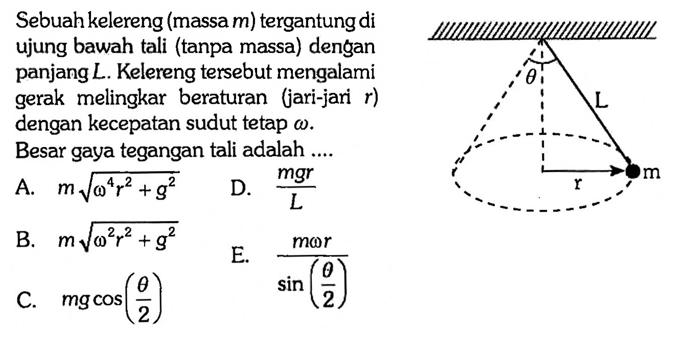 Sebuah kelereng (massa m) tergantung di ujung bawah tali (tanpa massa) dengan panjang L. Kelereng tersebut mengalami gerak melingkar beraturan (jari-jari  r) dengan kecepatan sudut tetap omega. Besar gaya tegangan tali adalah .... theta L r m 
A.  m akar(omega^4 r^2+g^2) 
D.  (mgr)/L 
B.  m akar(omega^2 r^2+g^2) 
E.  (m omega r)/sin(theta/2) C. mg cos(\theta/2)