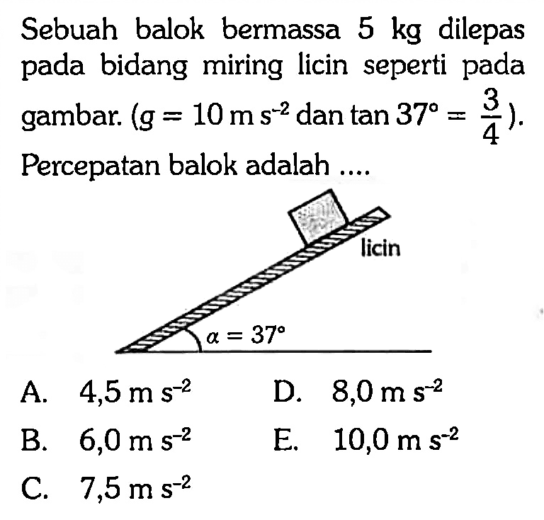 Sebuah balok bermassa 5 kg dilepas pada bidang miring licin seperti pada gambar. (g=10 ms^-2. dan. tan 37=3/4).Percepatan balok adalah ....