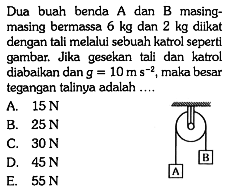 Dua buah benda A dan B masing-masing bermassa 6 kg dan 2 kg diikat dengan tali melalui sebuah katrol seperti gambar. Jika gesekan tali dan katrol diabaikan dan g=10 ms^(-2), maka besar tegangan talinya adalah .... A B