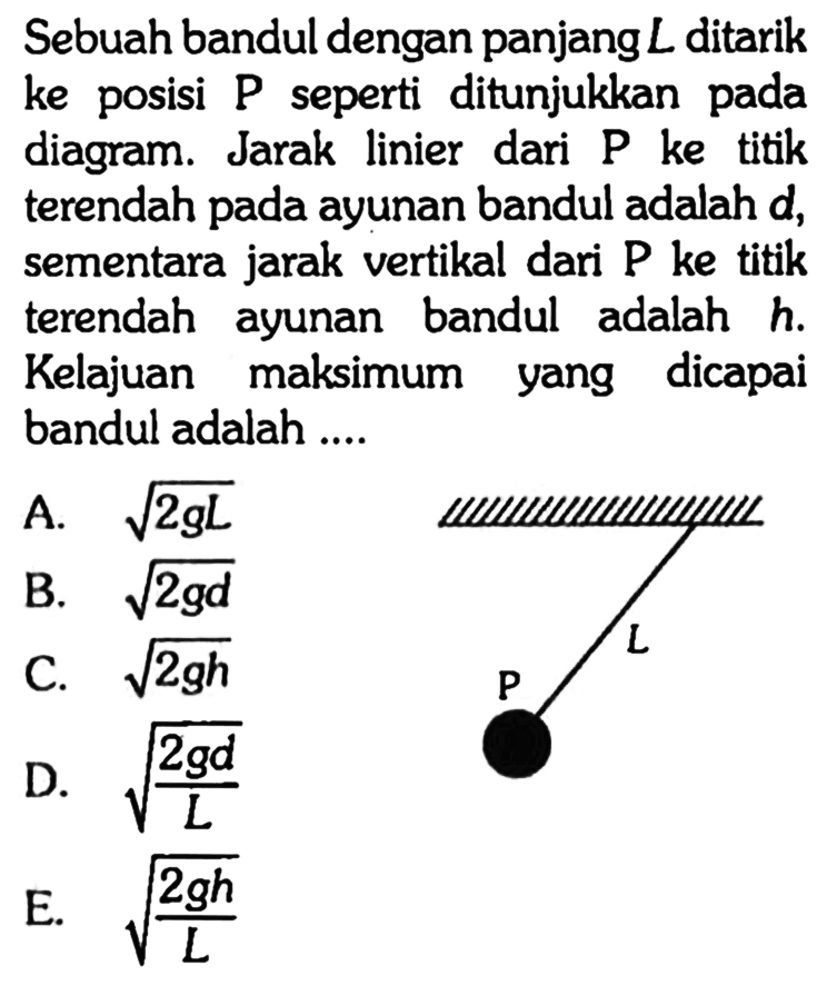 Sebuah bandul dengan panjang  L  ditarik ke posisi  P  seperti ditunjukkan pada diagram. Jarak linier dari  P  ke titik terendah pada ayunan bandul adalah  d , sementara jarak vertikal dari  P  ke titik terendah ayunan bandul adalah  h . Kelajuan maksimum yang dicapai bandul adalah ....
A.  akar(2 g L) 
B.  akar(2 g d) 
C.  akar(2 g h) 
D.  akar((2 g d)/(L)) 
E.  akar((2 g h)/(L)) 