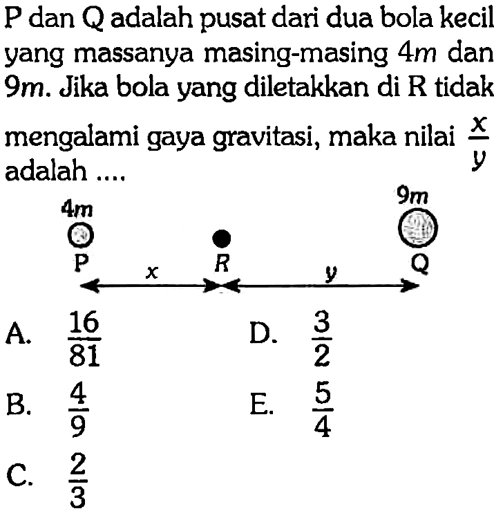 P dan Q  adalah pusat dari dua bola kecil yang massanya masing-masing 4 m  dan  9 m. Jika bola yang diletakkan di R tidak mengalami gaya gravitasi, maka nilai x/y adalah ....