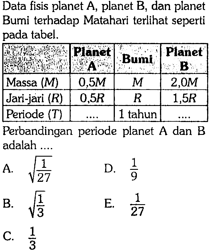 Data fisis planet  A, planet B, dan planet Bumi terhadap Matahari terlihat seperti pada tabel. Panet Bumi Planet Massa (M) 0,5 M M 2,0 M Jari-jari (R) 0,5 R R 1,5 R Periode (T)  ... 1 tahun ... Perbandingan periode planet A dan B adalah....